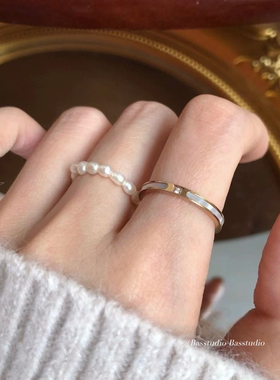 Basstudio日韩时尚气质18k玫瑰金钛钢戒指女单钻白贝简约ins尾戒