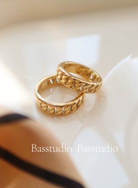 Basstudio不掉色钛钢链条戒指女欧美个性气质光面金色ins镀18K金