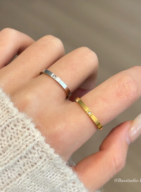 Basstudio 不掉色情侣对戒日韩简约百搭小方钻戒指小众设计感素戒