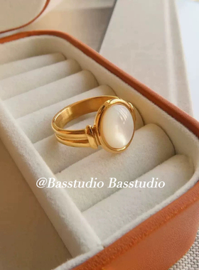 Basstudio 法式ins贝母贝壳戒指女 椭圆宝石指环复古简约钛钢百搭
