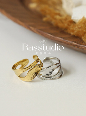Basstudio不掉色马蹄莲镂空卷叶食指戒钛钢时尚个性冷淡风情侣戒