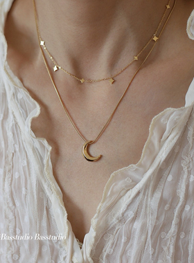 Basstudio 时尚简约弦月立体月牙蛇骨项链锁骨链星月亮钛钢不掉色