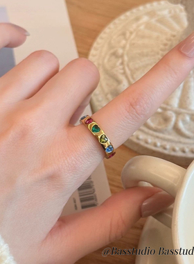 Basstudio法式复古彩色锆石爱心戒指女小众设计钛钢不掉色情侣戒