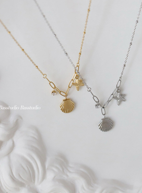 Basstudio原创海洋风精致贝壳爪钻海星短链锁骨项链钛钢镀18K金