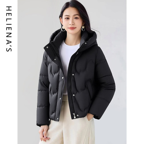 海兰丝黑色短款连帽小个子羽绒服