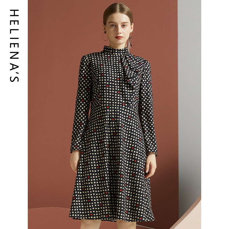 海兰丝2024秋冬新款商场同款中长款立领圆点修身打底长袖连衣裙女