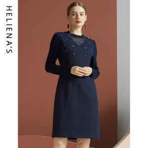 海兰丝2024秋冬新款商场同款中长款圆领长袖修身羊毛内搭连衣裙女