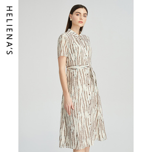 海兰丝2024商场同款桑蚕丝连衣裙复古彼得潘领连衣裙别致印花裙