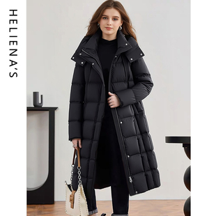 海兰丝黑色长款羽绒服女连帽保暖显瘦收腰外套冬季通勤羽绒外套