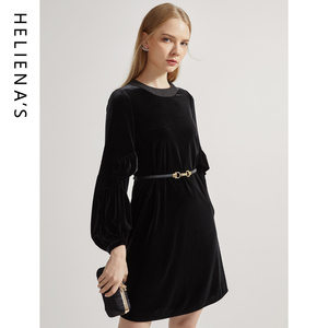 海兰丝2024秋冬新款赫本风法式长袖灯笼袖高端气质黑色丝绒连衣裙