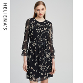 海兰丝法式 复古裙 新款 印花连衣裙显瘦收腰ol风长袖 连衣裙23年冬季