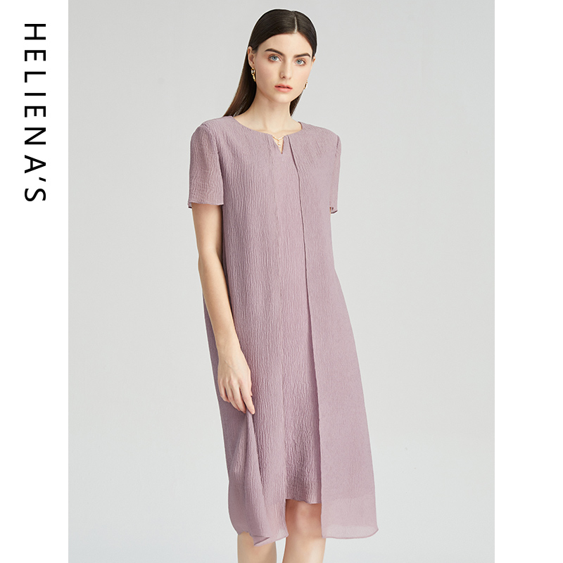 海兰丝2024商场同款夏款法式桑蚕丝连衣裙 收腰修身A摆短袖裙子