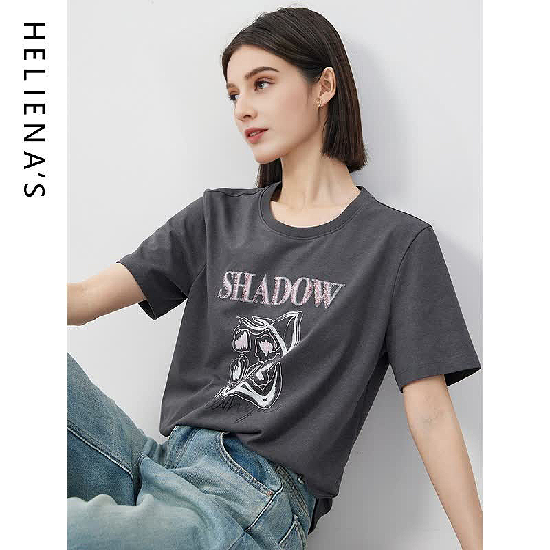 海兰丝印花时尚女T恤2024夏新款创意设计感珠片绣百搭女上衣潮流