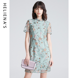 海兰丝2024夏季新款中国风旗袍改良版裙子绿色短袖网纱蕾丝连衣裙