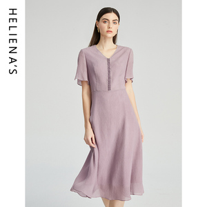 海兰丝2024商场同款夏季新款桑蚕丝连衣裙女装v领法式真丝显瘦