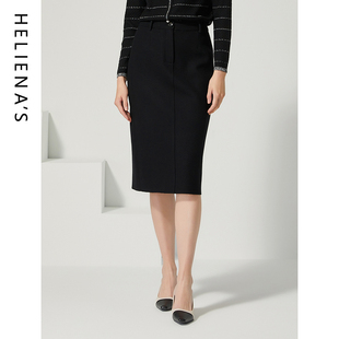 海兰丝黑色半身裙女夏气质复古中长款高腰弹力包臀职业裙一步裙
