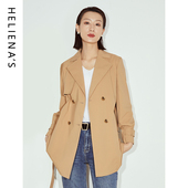 海兰丝法式 卡其色大衣外套H231LR02 中长款 风衣复古英伦风秋季 新款