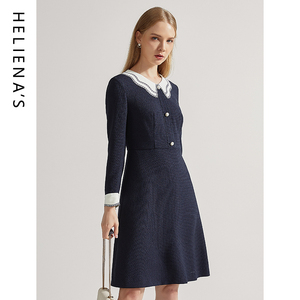 海兰丝2024冬新款减龄娃娃领收腰A字裙子时尚法式冬季长袖连衣裙