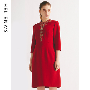 海兰丝法式复古连衣裙 高级感红色绣花礼服连衣裙女夏新款裙子