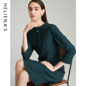 海兰丝HOT推荐秋季新款同款洋气红色九分袖鱼尾裙显瘦羊毛连衣裙