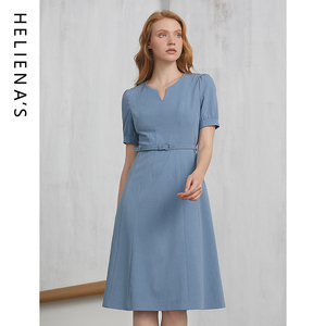 海兰丝奢睿新款春夏季兰色A型腰带中长款连衣裙商场同款时尚设计