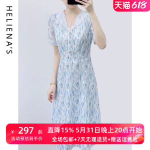 海兰丝TOP连衣裙 我的审美推荐优雅艺术系印花短袖收腰飘带连衣裙