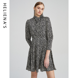 海兰丝法式优雅连衣裙复古印花衬衫领连衣裙春秋新款裙子女士