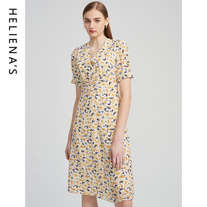 海兰丝印花连衣裙法式印花气质显瘦收腰ol风长袖复古裙子