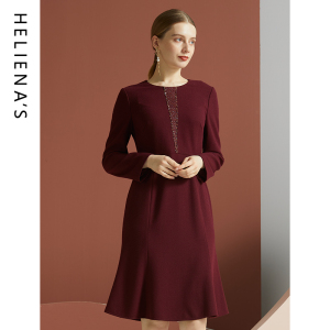 海兰丝连衣裙法式美丽诺羊毛中国红长袖气质高级感连衣裙H215OP20