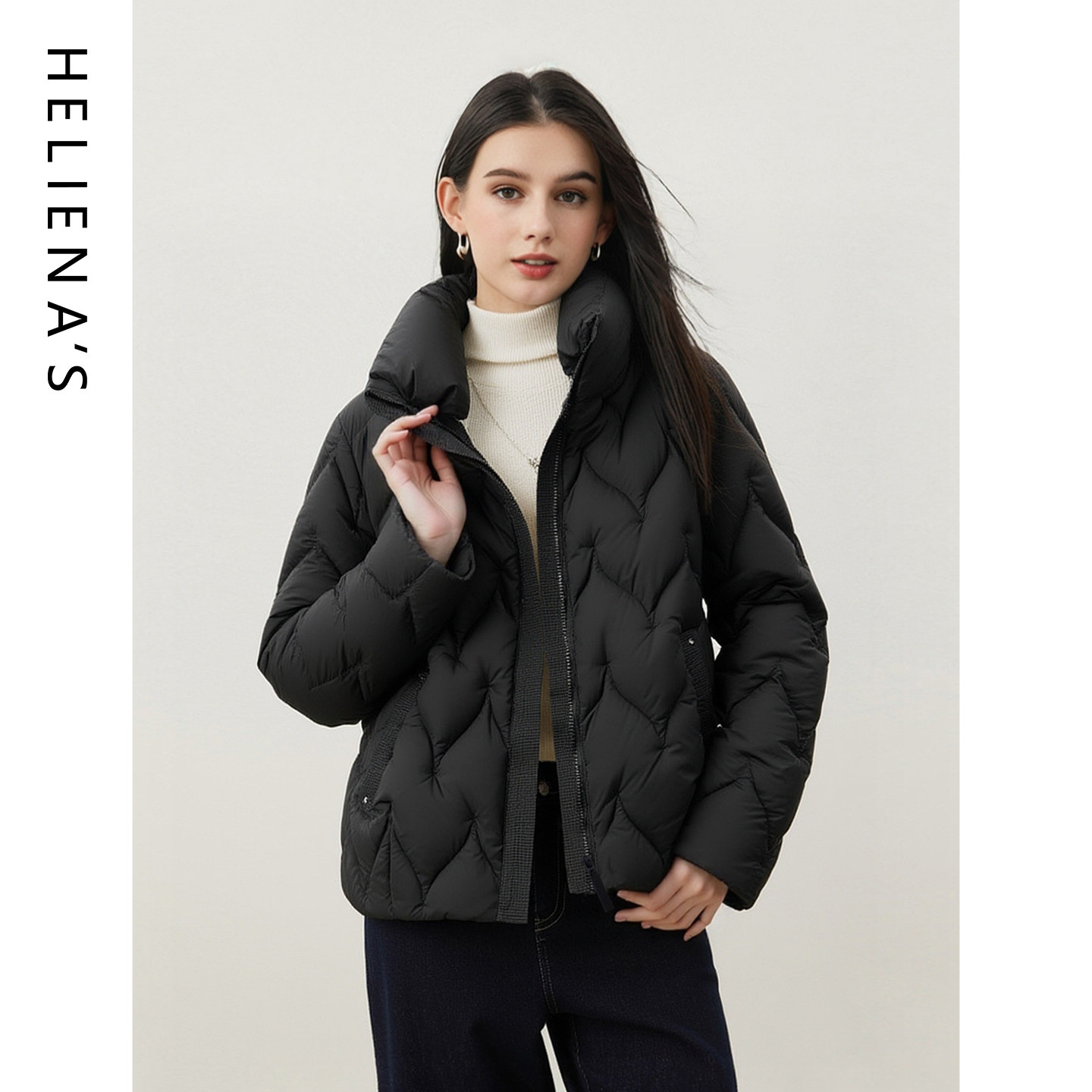 海兰丝商场同款简约风短款羽绒服女立领修身轻羽绒服黑色冬季外套