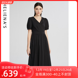 海兰丝2023新款黑色连衣裙女夏季收腰显瘦茶歇法式赫本风小黑裙