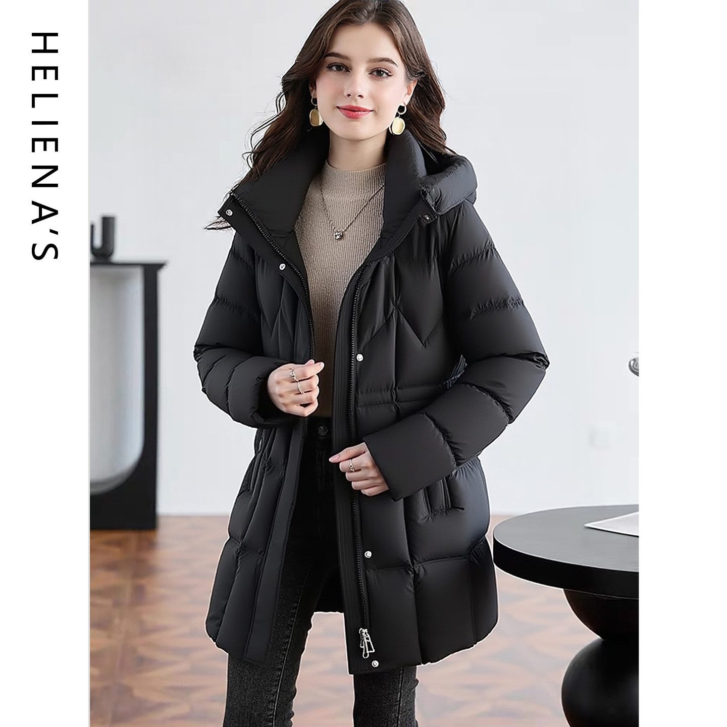 海兰丝韩版黑色羽绒服女中长款连帽收腰修身显瘦保暖羽绒外套
