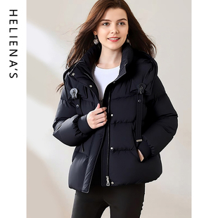 海兰丝短款羽绒服女冬季加厚连帽黑色高级感时尚小个子外套