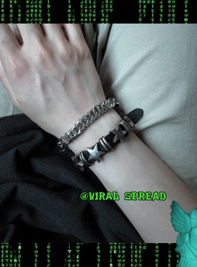VIRAL SPREAD  包邮星星朋克暗黑摇滚星星五金牛皮手链男女同款