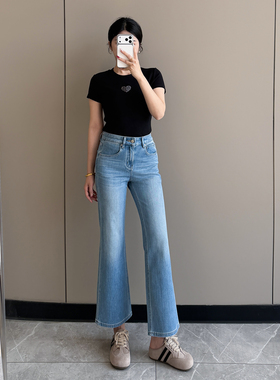 莱赛尔四面弹直筒微喇叭牛仔裤女2026春夏款高腰显瘦九分裤小个子