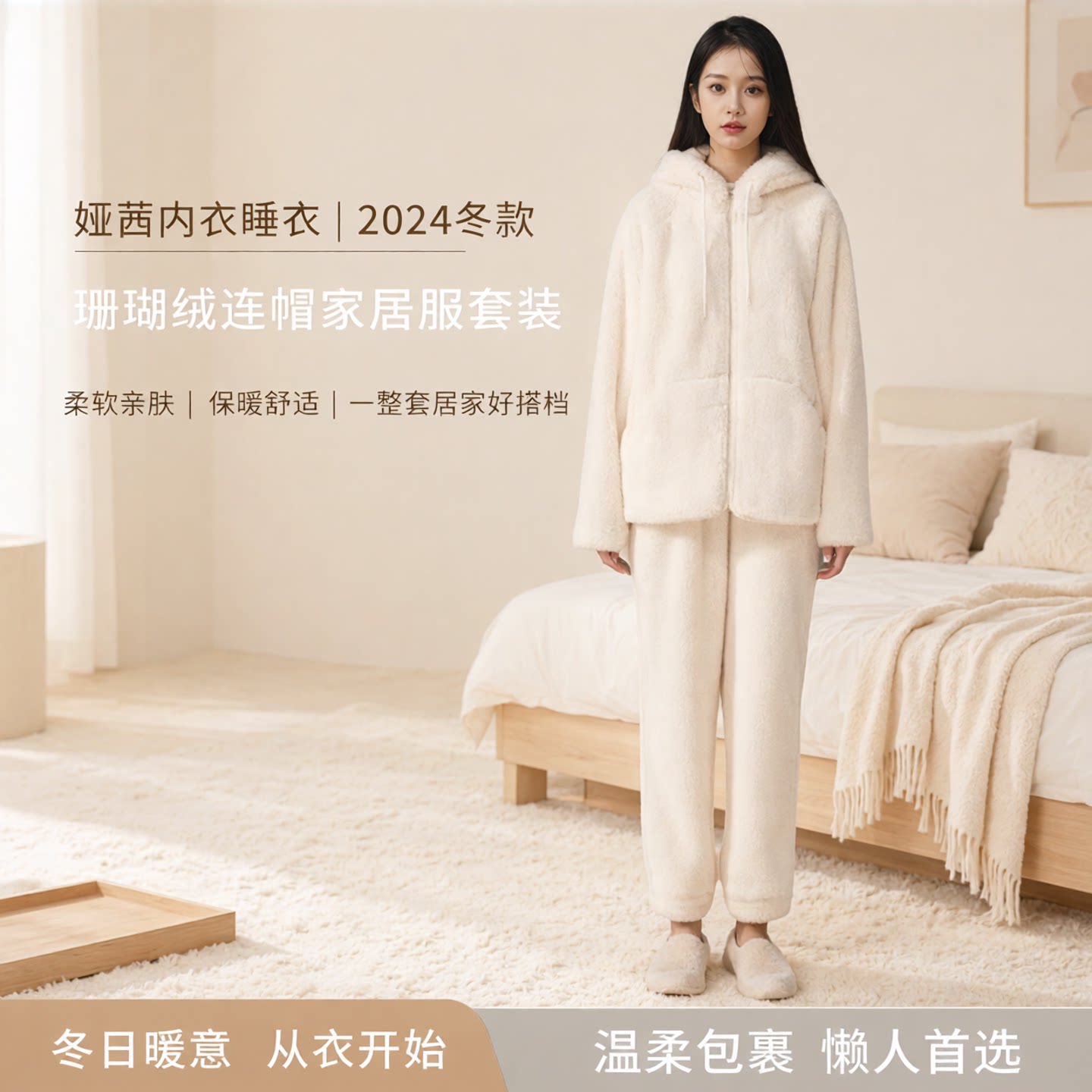 娅茜内衣睡衣女2024冬款女珊瑚绒连帽长袖长裤家居服套装S24G007