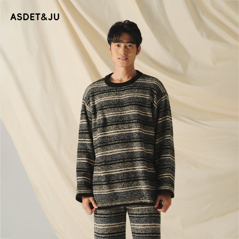 男女同款条纹半边绒保暖家居服
