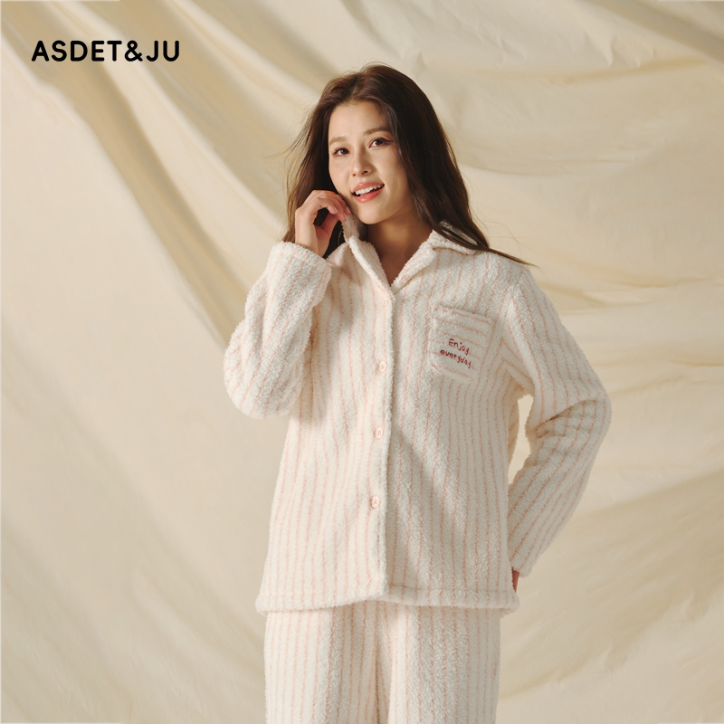 女条纹舒棉绒翻领长袖长裤家居服