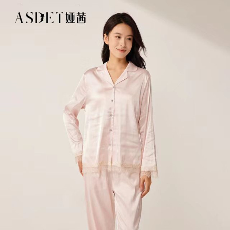 女雪纺蕾丝翻领长袖长裤套装睡衣