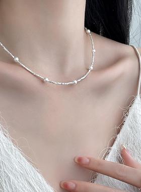 小众白色施家珍珠金属碎银子项链女个性简约百搭气质颈链锁骨链