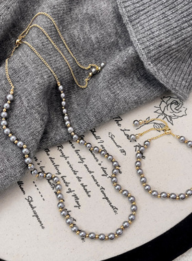 高级感灰白优亮珍珠项链气质轻奢风毛衣链法式复古高级感手链百搭