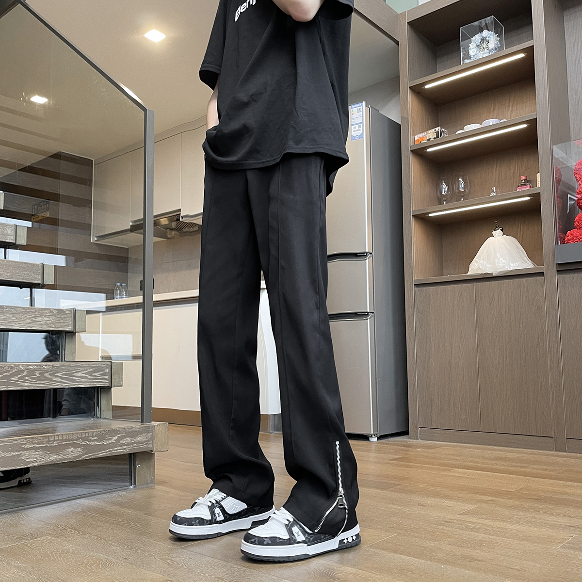 BK04*P58夏美式复古休闲直筒微喇西裤纯黑色拖地垂感长裤男，男装休闲裤，电商A007-3