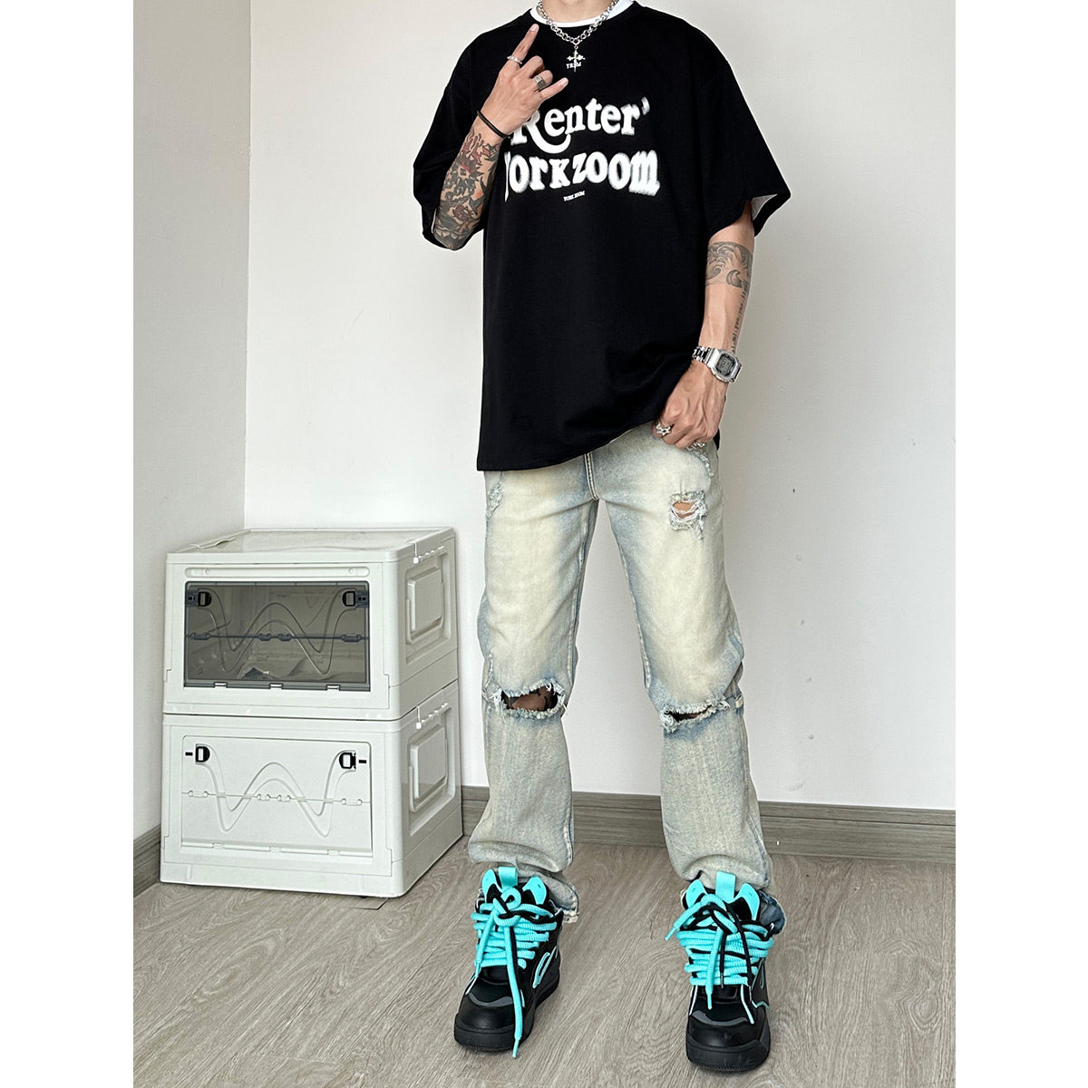 N717*P65vibe四季款破洞牛仔裤做旧痞帅潮直筒宽松弹力垂感裤,男装牛仔裤,电商A007-3