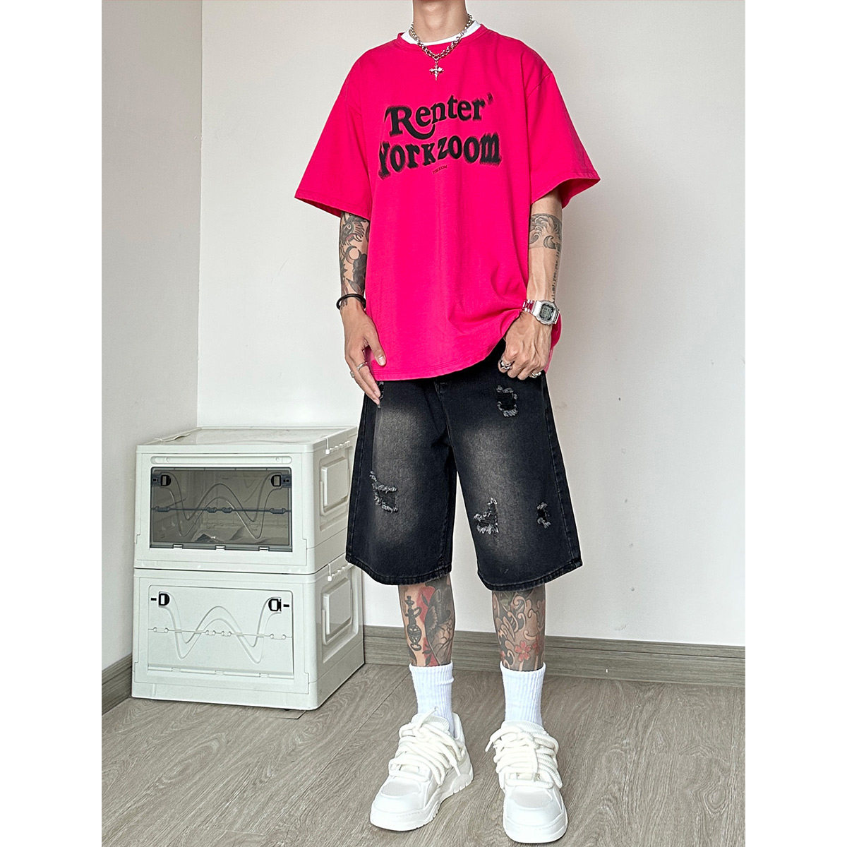 OK21*P50vibe夏季美式复古破洞牛仔短裤高街潮痞帅做旧水洗裤,男装牛仔裤,电商A007-3