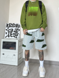 WH90*P55高街美式复古穿搭植绒刺绣直筒宽松牛仔裤五分短裤男，男装牛仔裤，电商A007-3