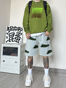 WH90*P55 高街美式复古穿搭植绒刺绣直筒宽松牛仔裤五分短裤男图片