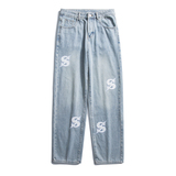 W04*P68控88元~四季款百搭休闲直筒宽松牛仔裤贴布小众设计潮裤，男装牛仔裤，电商A007-3