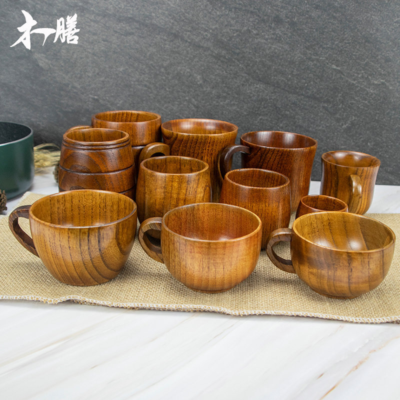 酸枣木杯日式大肚杯茶水杯仿古木质把手杯子实木握柄酒杯手工杯