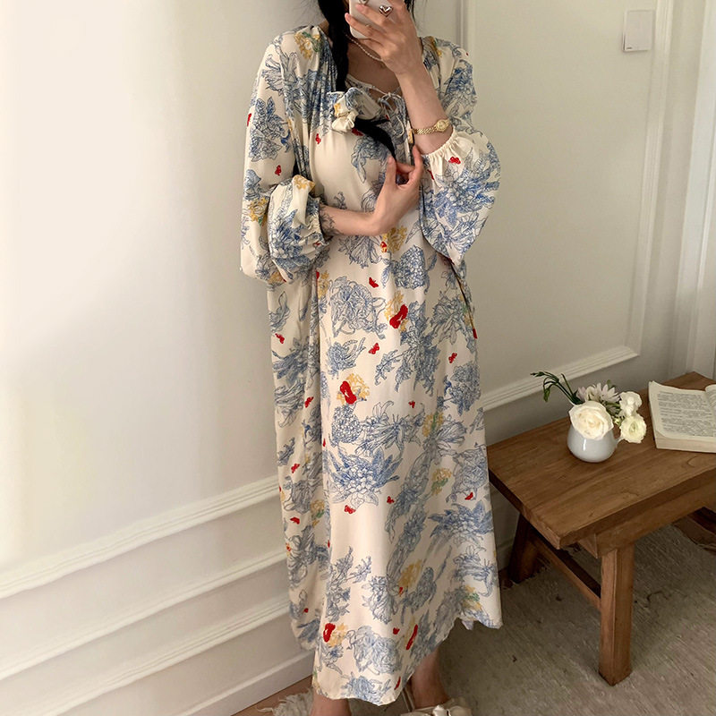 长袖睡裙女春秋夏女绵绸波西米亚风睡衣棉绸沙滩长裙家居服薄大码