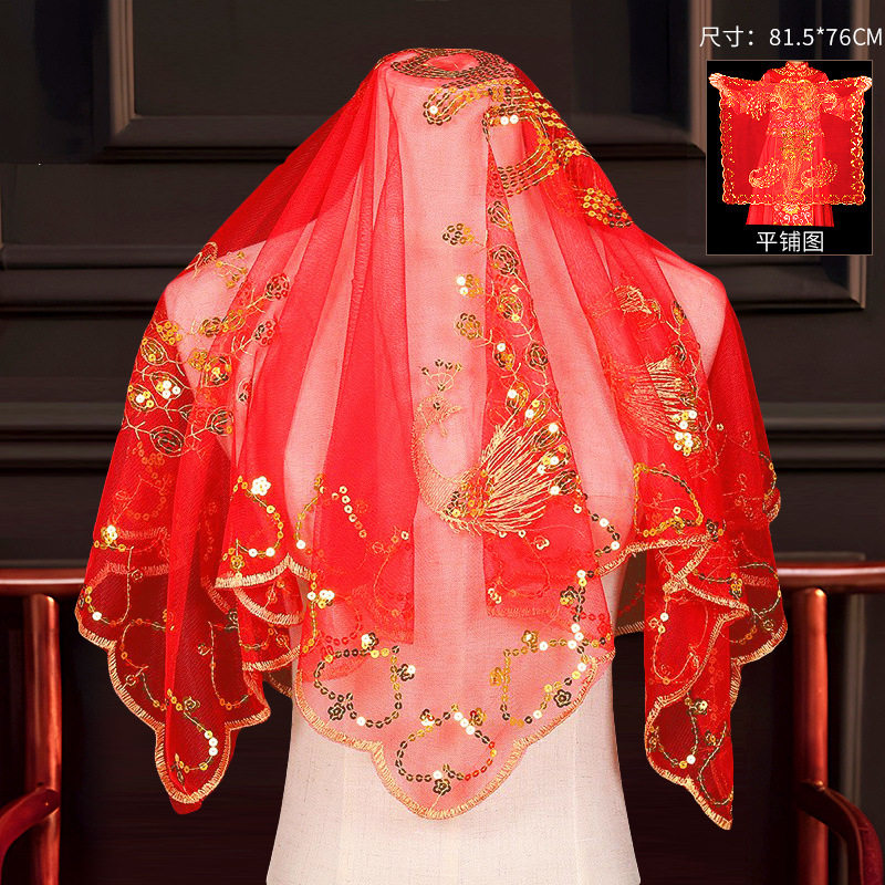 新娘红盖头结婚半透明头禾服喜帕中式婚礼红色蒙头巾婚庆用品